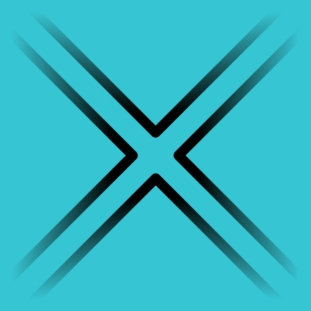 An "X" formed of parallel-running black lines over a dark teal background