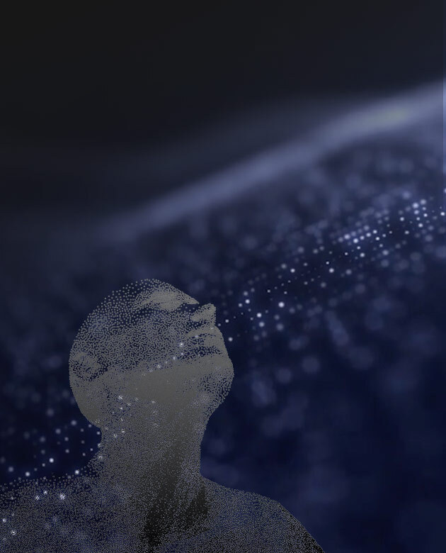 A shadowy male head in semi-profile, staring through bits of "data"
