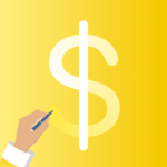 Image of a left hand holding a gray pen writing a large white dollar sign over a yellow-gold background
