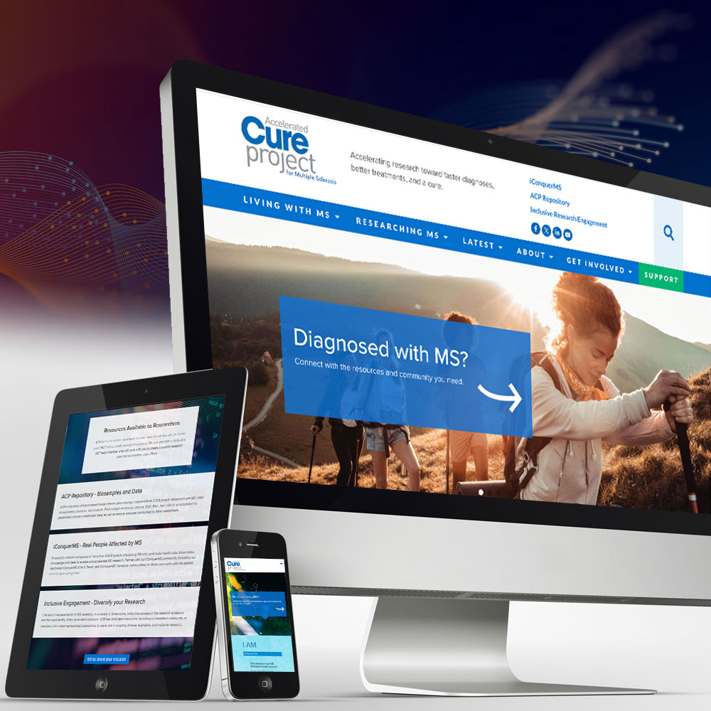 Composite images from Accelerated Cure Project's website on multiple screen sizes.