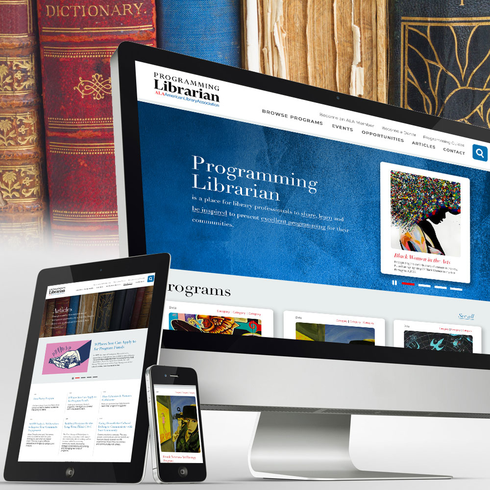 Variety of computer, tablet, and smartphone screens showing the Programming Librarian website