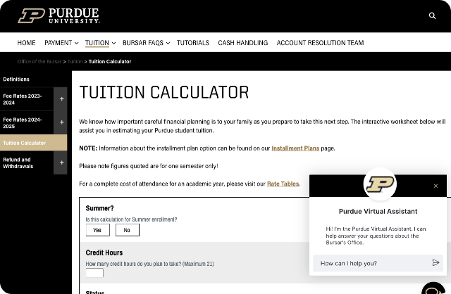 Purdue University tuition calculator online tool