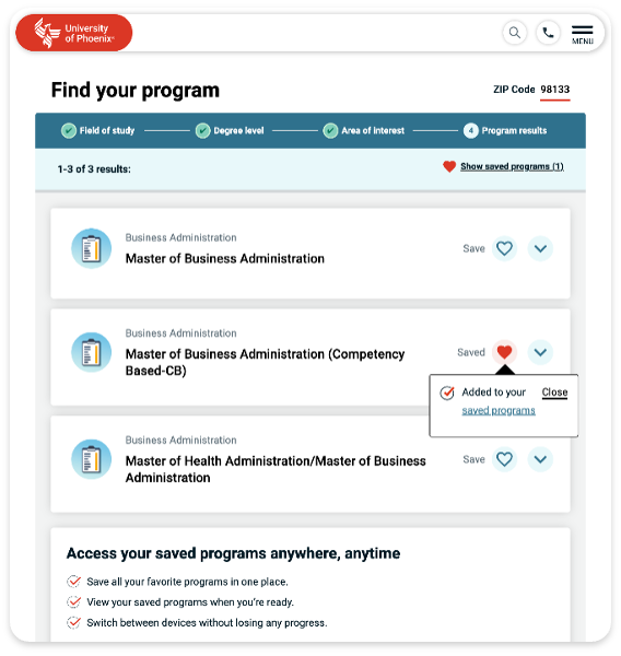 University of Phoenix personalized landing page for students