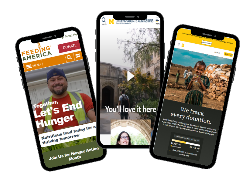 Mobile user experience for Feeding America, U of M undergraduate admissions, and Charity: Water