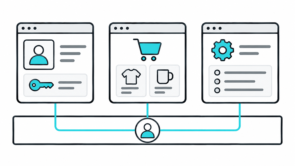 Three separate applications share one foundation, where a single identity node connects upward to each application.